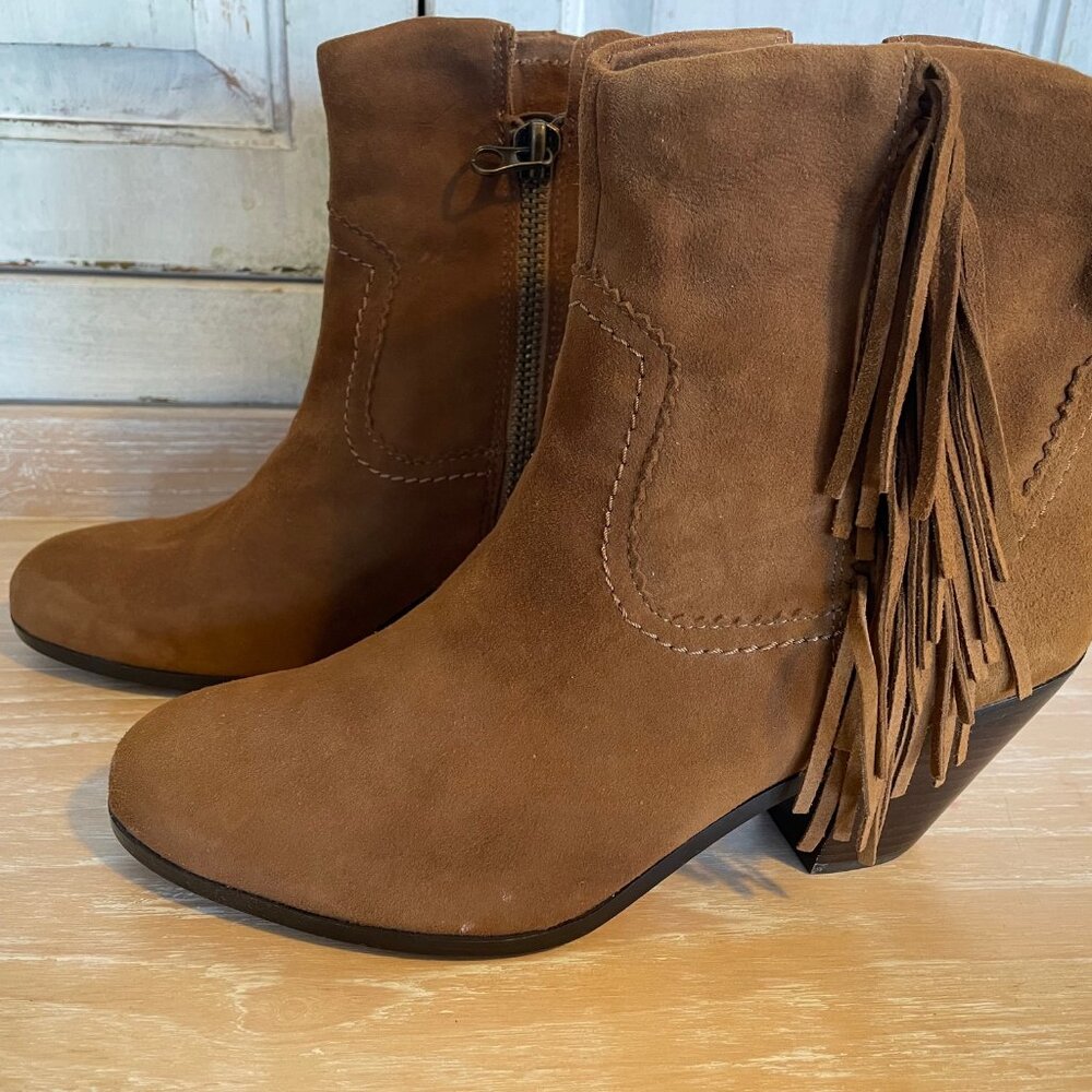 Sam Edelman Ankle Boots Booties-Tan Suede-Fringe-Western-Size 10 1/2 M